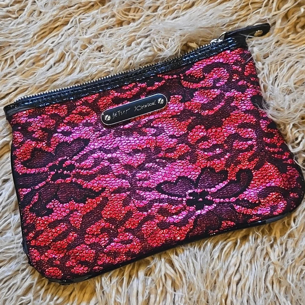 Betsey Johnson Pink and Black Cosmetic Bag with Lace Design